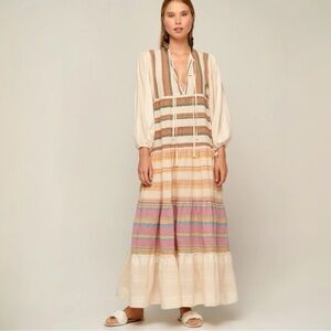 Pearl & Caviar Zakar Cream Striped Bohemian Peasant Maxi Dress Cotton Festival